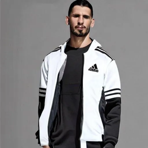 Prompt: Adidas chaqueta deportiva de color negro y con líneas blancas. 