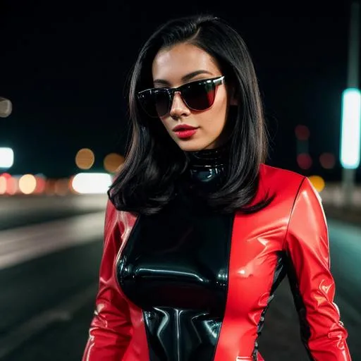 Prompt: Beautiful woman from a random country, futuristic black sunglasses wearing a red and black latex futuristic avant-garde dress, walking in the street, at night, highly detailed, ambient light, red neon lights, close-up, provocative, street photography.