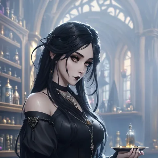 Prompt: ((Masterpiece)), Goth girl, messy long hair, stylized , black lips, silver necklace, full body, d & d, in a potion shop, fantasy, intricate, elegant, highly detailed, digital painting, artstation, concept art, matte, sharp focus, illustration, hearthstone, art by artgerm and greg rutkowski and alphonse mucha, 8k, HDR, UHD,  <lora:epiNoiseoffset_v2:0.8>