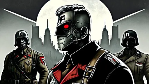 Prompt: Wolfenstein, nazi, future, dark, dystopia, man in the high castle, concrete, mega city.
A masked man stares into the distance (facing the veiwer), the army below him marching and roaring