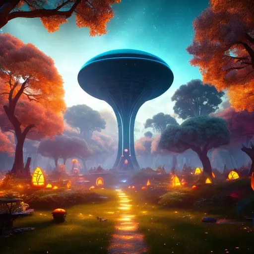 Prompt: A crashed UFO converted into a permanent shelter, beautiful glowing lights, sci-fi, stunning, intricate, elegant. Post-apocalyptic forest, lush green trees, Pumpkin patch. vibrant, colorful, magic ruins ambiance. Joyful, surreal, sharp focus, UHD, 8k.