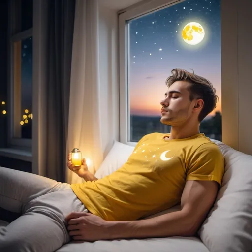 Prompt: Attractive guy with low-fade haircut wearing yallow cotton t-shirt sleeping on a white Pillow, window beside him shows the small moon with the stars lights, 8k, sharp