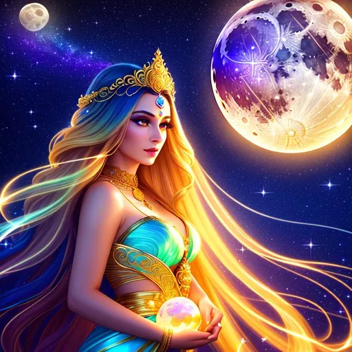 Prompt: A beautiful moon goddess, large nose, ((intricate long flowing multicolored hair)), (gold filigree hair decoration), tan skin, ((long flowing blue gown)), (holding a glowing moon) ethereal, luminous, fireflies, night sky, neon light trails, glowing, nebula, celestial, trails of light, sparkles, 3D lighting, celestial, gold filigree halo, soft light, vaporwave, fantasy