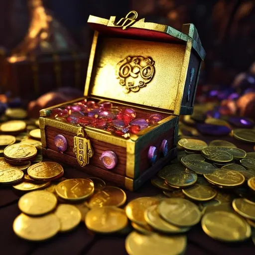 Prompt: A treasure chest filled with gold and precious gems on a pile of gol coins in a dark room