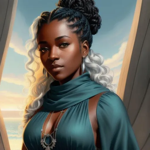 Prompt: ultra detailed half body shot, centered, airbrush art,, 4k, high quality cell shaded illustration, dark skinned young woman, wearing aqua maxi-dress with silver embellishments,  alan lee, charles vess, loish, dragon age, dnd, fantasy, curly white hair pulled back in a ponytail, dark blue eyes, accurate anatomy symmetrical face sharp focus smooth