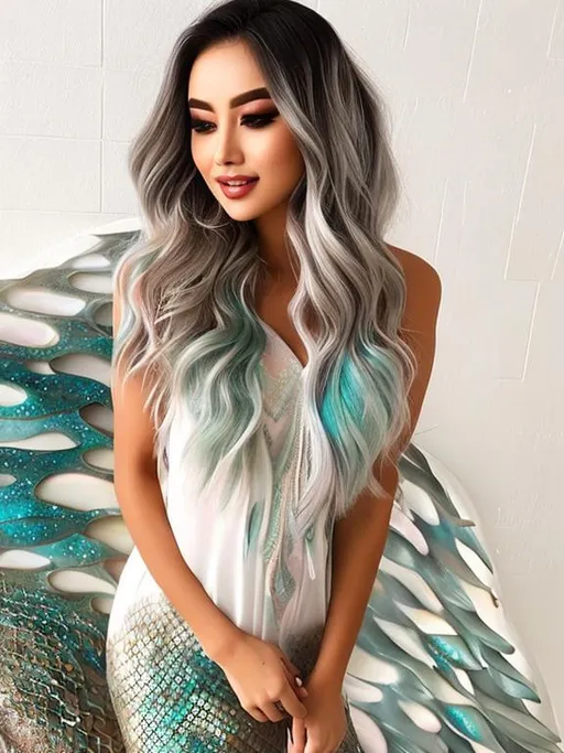 Prompt: Mermaid,, light-teal fish scales, teal stripes, white fins, greeb mermaid tail, white sea-shell top with lace seaweed, (Mermaid Tail: 1.4) masterpiece, best quality