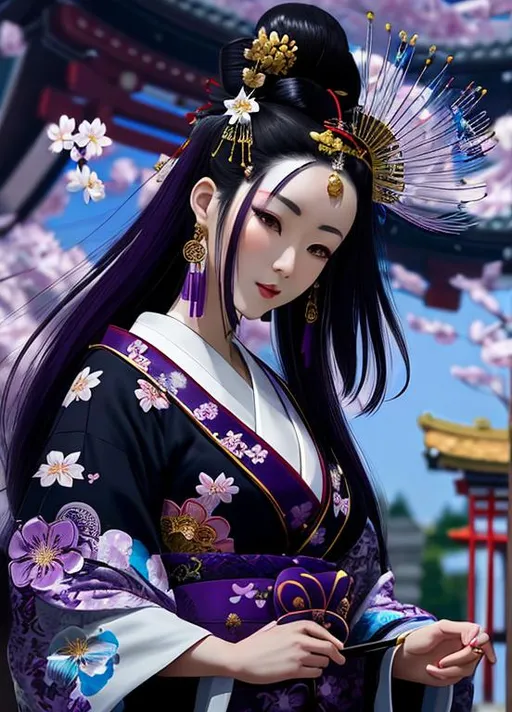 Prompt: High quality portrait of a Japanese Oiran. she is walking in a cherry blossom garden, She has lightly colored pale skin and is very beautiful. Her hair is black and is decorated with purple, silver, and gold hairpins. Her elaborate kimonos are white and purple with checkered patterns. She wears a blue spider lily on her left ear and wears a beautiful purple obi patterned with traditional Japanese mist colored white.