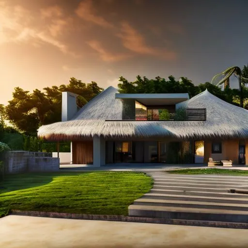 Prompt: modern design of beautiful detailed  2 story family house with a thatched roof and intricate and artistic congolese minerals details in small detailed beautiful modern kinshasa sunset behind the house, volumetric natural light wakanda style, cinematic light, ultra realistic, vray, far view, perspective landscape