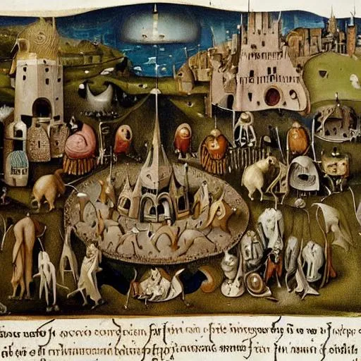 Prompt: Grotesque and surreal creatures hidden amongst normal people and things in medieval scene of city in the style of  hieronymus Bosch 