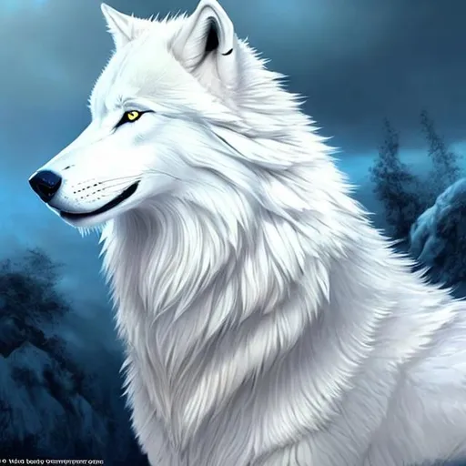 Prompt: Fantasy companion creature majestic white wolf king with beautiful blue eyes,
