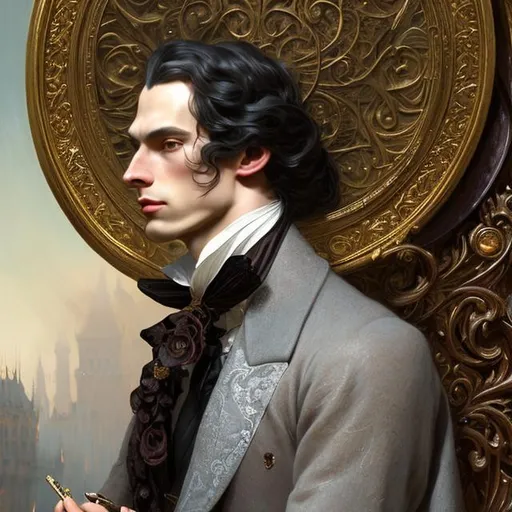 Prompt: Full body splash art, portrait of skinny handsome man with long, silky dark hair, poet, musician, androgynous, extremely long dark hair, pale skin, victorian clothes, top hat, solo picture, elegant, highly detailed, intricate, smooth, sharp focus, artstation, digital painting, concept art, art by greg rutkowski, alphonse mucha and John William Waterhouse, dark, eerie, gothic, creepy