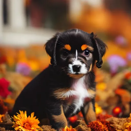 Prompt: A cute little puppy in a boutique of autumn colored flowers looking at the camera 