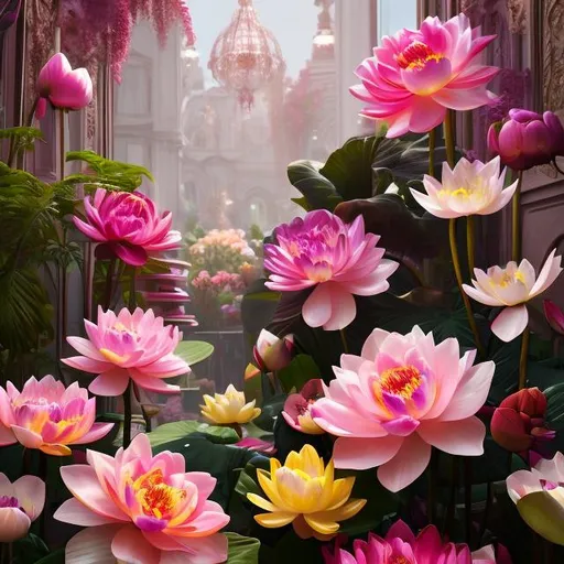 Prompt:  Rainbow colored botanical Oasis with pink petals and peonies dahlias lotuses roses and tulips, baroque and baroque styles, hyperrealistic dramatic colored lighting trending on artstation 8k
