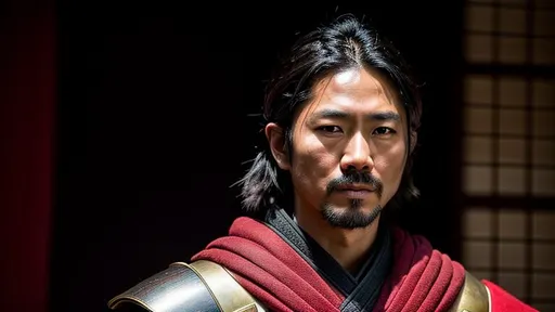 Prompt: Young Hiroyuki Sanada as a Samurai Photorealistic Overdetailed Portrait, Well Detailed face, Red and Black Robes and Armor, Black hair, Detailed Hands, Detailed Twilight Background, Intricately Detailed, Award Winning, Photograph, Film Quality.