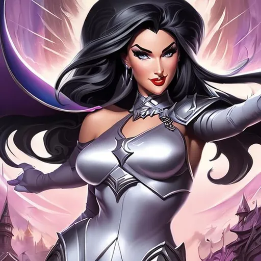 Prompt: pinup of an human female dungeons and dragons evil paladin with black hair and with cute face, perfect composition,, by j. scott campbell and boris vallejo and alex ross,  graffiti art, splash art, street art, spray paint, oil gouache melting, acrylic, high contrast, colorful polychromatic, ultra detailed, ultra quality, CGSociety, depth of field, 3d render