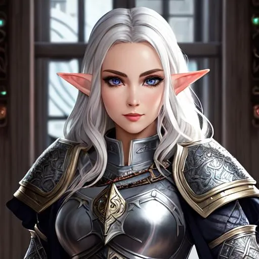 Prompt: half body portrait, female , elf, paladin, detailed face, detailed eyes, full eyelashes, ultra detailed accessories, detailed interior, city background, full robes, wearing steel armor, heavy armor, short wavy hair, white hair, dnd, artwork, dark fantasy, tavern interior, looking outside from a window, inspired by D&D, concept art, night time