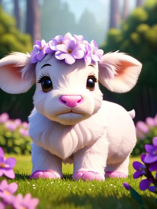 Prompt: Disney Pixar style lilac highland calf highly detailed, extra fluffy, intricate, big eyes, adorable, beautiful, soft dramatic lighting, light shafts, radiant, ultra high quality octane render, daytime forest background, field of flowers, bokeh, hypermaximalist,