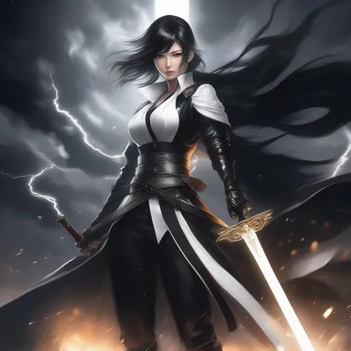 Prompt: a girl in a black and white outfit with a sword in her hand and a black and white background, Ayako Rokkaku, anime style, a manga drawing, neogeo, in a costume holding a sword in a dark room with lightning behind him and a cloud of smoke behind him, Aleksi Briclot, epic fantasy character art, concept art, fantasy art