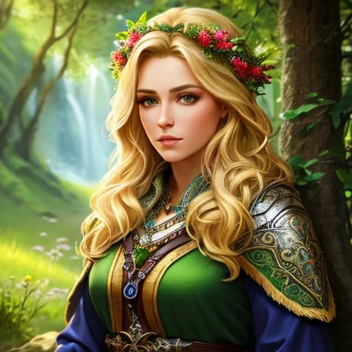 Prompt: 4K, 16K, picture quality, high quality, highly detailed, hyper-realism, beautiful woman, druid clothes, green or blond hair, nature background