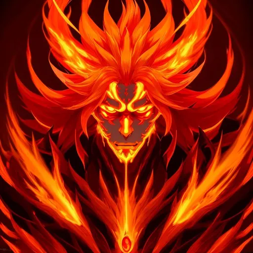 Prompt: anime portrait of a Fire god   , anime eyes, beautiful intricate bright Red-orange colored and glowing hair, shimmer in the air, symmetrical, in re:Zero style, concept art, digital painting, looking into camera, square image , 4K , 8K , 16K