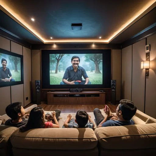Prompt: An aisan family enjoys watching a movie in their private home cinema with sound transparent screen and Dolby Atoms surround sound