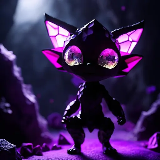 Prompt: Small purple humanoid figure, long pointy ears, large hexagon shaped gems for eyes, a large mouth with small pointy teeth, three fingers on each hand and three toes on each foot, short limbs, crouched stance, purples and blues, dim lighting, cave, spooky, goblin like, dark, smooth skin, crystals, genderless, clear image