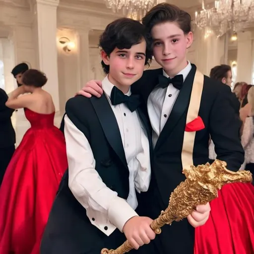 Prompt: Boy in a tuxedo holding his magic wand and standing next to his girlfriend who is in a big red puffy ball gown at prom
