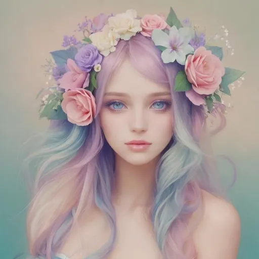 Prompt: Beautiful creation, woman with flowers in her hair, pastel colors