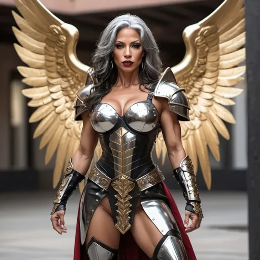 Prompt: Tall, muscular, 45 year old goddess, (masterpiece:1.2, best quality:1.2, high quality, highres:1.1), (Best Quality), ((Photo Realistic)), (Full body portrait), ((Professional photography)), puerto rican warrior queen, layered gray hair, black eye shadow, dark red lips, intricate armored battle dress, thigh-high 8 inch stiletto high heel boots, ((intense metal reflections)), outdoors, gold, angelic armor and leather, professional lighting, blurry background, soft focus