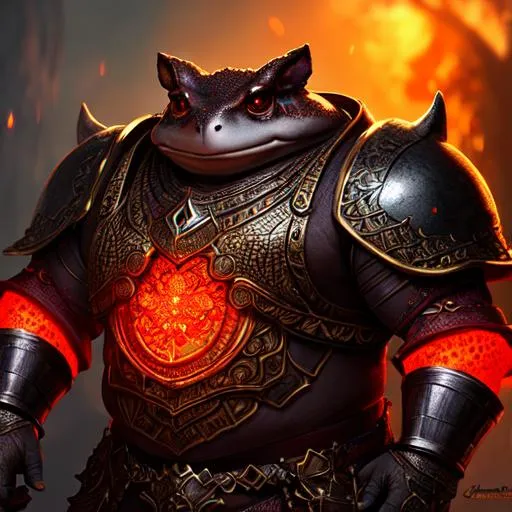 Prompt: an anthropomorphic Toad, mythological creature, large head, red glowing eyes, chest armor, muscled, highly detailed face and fur, dark skin, chiaroscuro, volumetric lighting, d&d character, oil on canvas, intricate detail