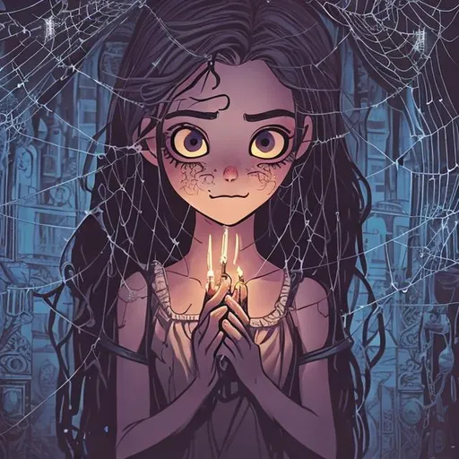 Prompt: A girl with so much hope in her eyes. Surrounded by intricate darkness. Tangled in webs.estoric symbolism. Monsters surrounding her. But a glow of hope from her face