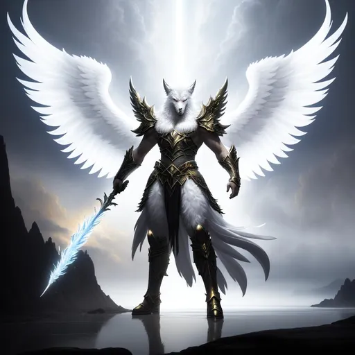 Prompt: Oil painting, landscape, UHD, 8K, highly detailed, panned out view of the character, visible full body, ethereal, unnatural grey-skinned menacing white angel wings, face of a werewolf, with sparkling feathersin battle stance resembling the Druid from. He has big claws that uses to attack