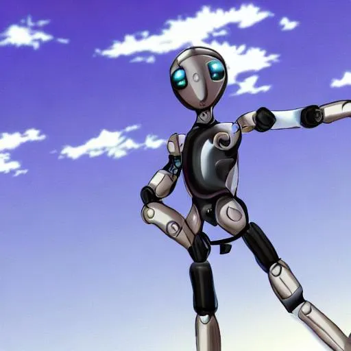 Prompt: humanoid robot wearing a neck scarf blowing in the wind in the style of anime