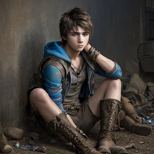 Prompt: portrait of a The 100 tv show themed Skaikru transgender teenaged male with short brown hair and bright blue eyes wearing tattered makeshift clothes and boots