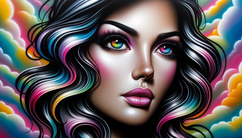 Prompt: Airbrush painting of a woman with vibrant multicolored eyes: The woman has a medium skin tone and wavy black hair that cascades down her shoulders. The background is dreamlike, with swirling pastel colors, reminiscent of pop surrealism. The woman's gaze is intense, drawing the viewer into her mesmerizing eyes.