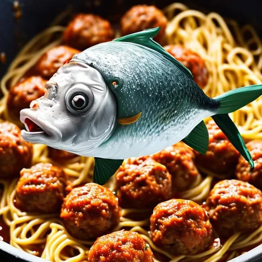 Prompt: fish flying out of a spaghetti pot with meatballs in its mouth