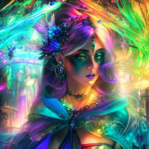 Prompt: beautiful swirl dark chaos vivid bold, 3D, HD, [{one}({liquid  {Goddess}female dressed as Sorceress with {Red Blue green dark-purple}plasma)[::2, expansive psychedelic background --s99500 