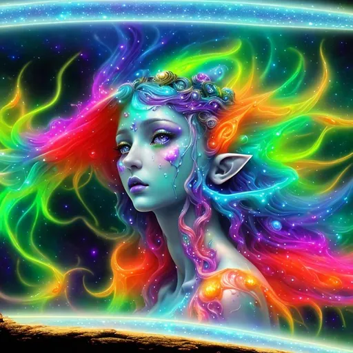Prompt: Cosmic Epic Beautiful Nebula (Beautiful benevolent {goddess}elf liquid tree}Nymph), hyper realistic,  expansive psychedelic background, hyper realistic, 8K --s99500