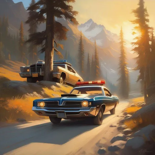 Prompt: Skyrim, car chase, cops, cartoony, sunny atmosphere, extremely detailed painting by Greg Rutkowski and by Henry Justice Ford and by Steve Henderson