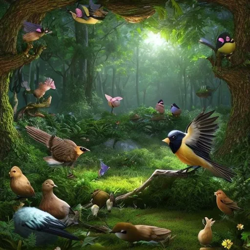 Prompt: Create a forest scene that has a songbird in the front of the scene and a few other animals in the background. Make it look realistic
