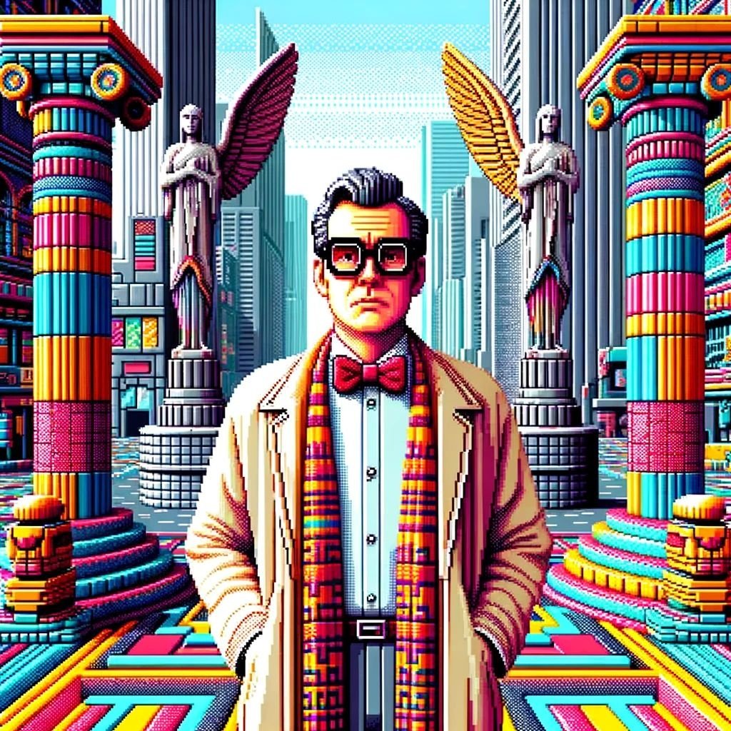 Prompt: Pixel art representation of a man with glasses, exuding a vacation dadcore vibe, set against a vibrant urban backdrop. The scene, reminiscent of a cinema4d rendering, showcases bold color blocks, intricate columns, and totems. The design intricacies are further enhanced by the use of an unreal engine-like rendering, highlighting inventive character designs.