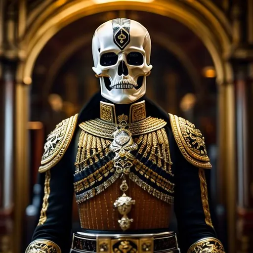 Prompt: Realistic photo of Emperor skeleton centered in frame in full hd, ultra realistic, highly detailed, 8k. Soft lighting 