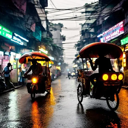 Prompt: Rickshaw in a futuristic rainy street of Dhaka 