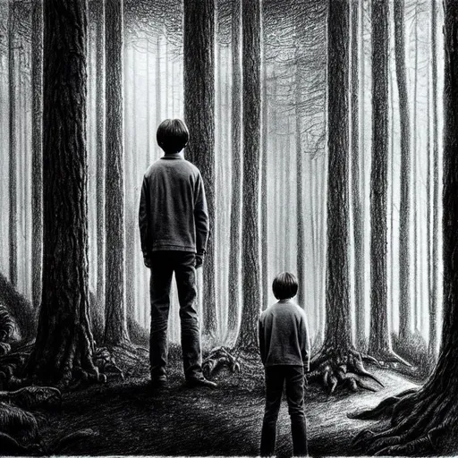 Prompt: Freehand pencil drawing of Will Byers in the upside-down forest, ultrarealist 8k, with giant black slugs that are long, slimy, and scary, dark shadows that are frightening, all in black and white, with giant trees. Will Byers is depicted with his back turned. The drawing must have a lot of detail and be well-focused to capture the elements of the upside-down forest and convey the terrifying atmosphere