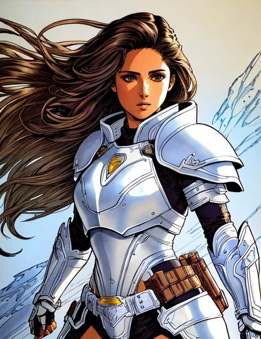 Prompt: a drawing of one woman character, 23 year old, Naomi Scott wearing white holy armor, low saturation color, thick line art, cell shaded, in the style of Yoji Shinkawa, Jim Lee, Jean Giraud, back light, rim lighting, drawn in markers, professional art, character art, brown colored hair, long hair, deatialed eyes, wearing white holy armor, high resolution, trending on ArtStation, cinematic lighting, beautiful, comic style, cinematic, volumetric light, UHD, HDR, fantasy art, daylight, light from behind, dark darks, full body, long shot, stylised, solo, watercolor 

