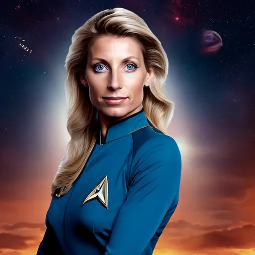 Prompt: A portrait of Susanne Sommers, wearing a Starfleet uniform, in the style of "Star Trek the Next Generation."