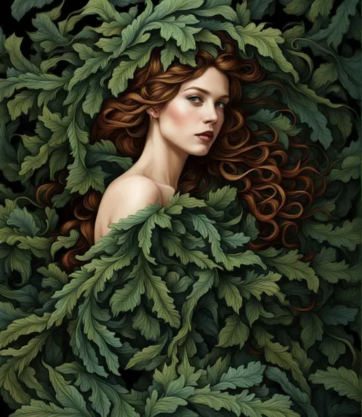 Prompt: create a picture, william morris style with a beautiful forest goddess