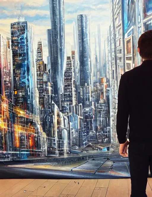 Prompt: A photorealistic painting of a time traveler standing in front of a cityscape from the future. The time traveler is wearing a futuristic outfit and is holding a time machine. The cityscape is full of tall buildings and flying cars.