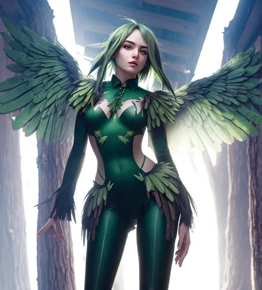 Prompt: Green hair, big green wings, nature, wood