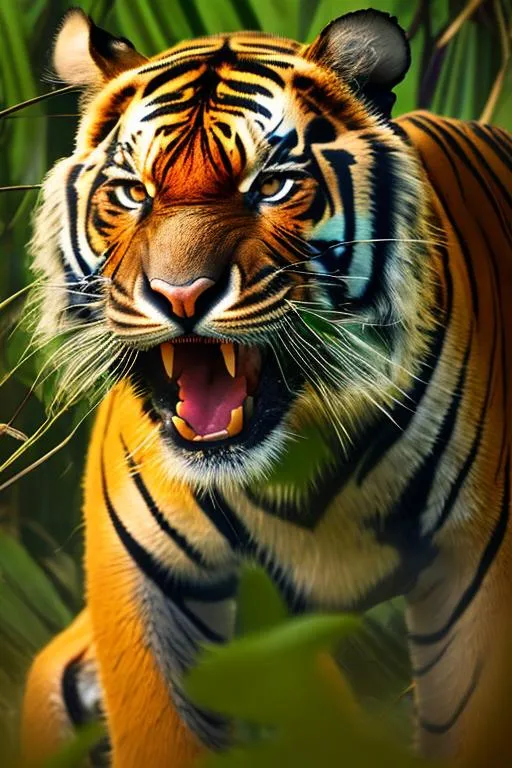 Prompt: Angry Malayan Tiger Is Preparing To Launch An Attack, malaysia palm farm background, full shot, photorealistic, portrait orientation